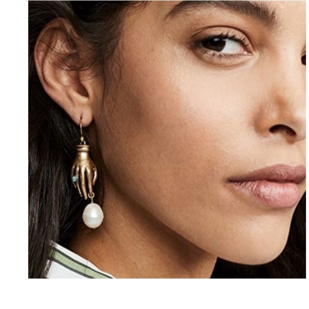 Tory Burch hand drop pearl statement logo drop earrings